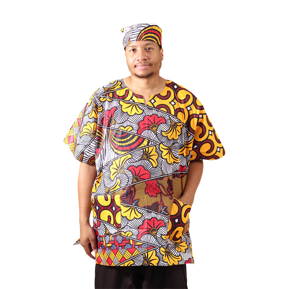 African Print Dashiki & Cap - Style A