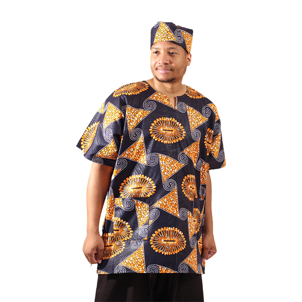 African Print Dashiki & Cap - Style A