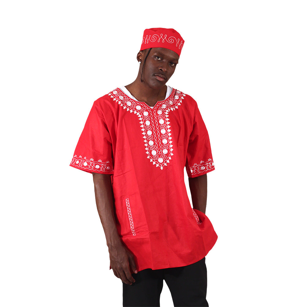 Silver Embroidered Dashiki Top - Red - Free
