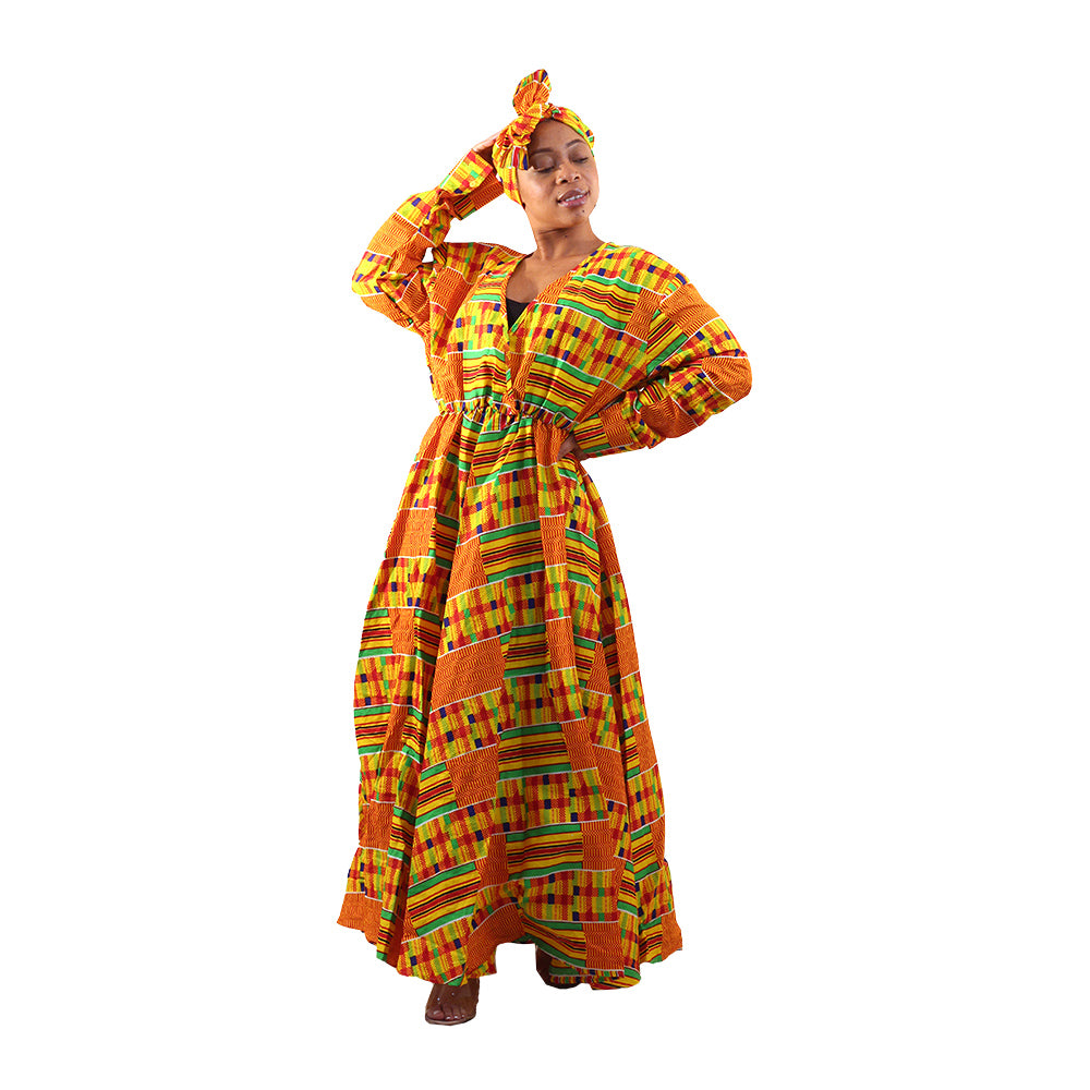 Ankara Print Elastic-waist Long Dress - Long Sleeve - Style A