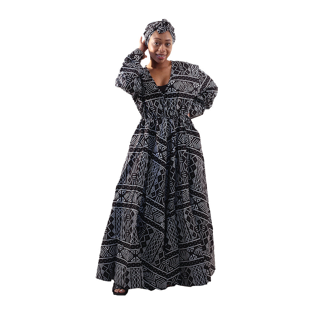 Ankara Print Elastic-waist Long Dress - Long Sleeve - Style A