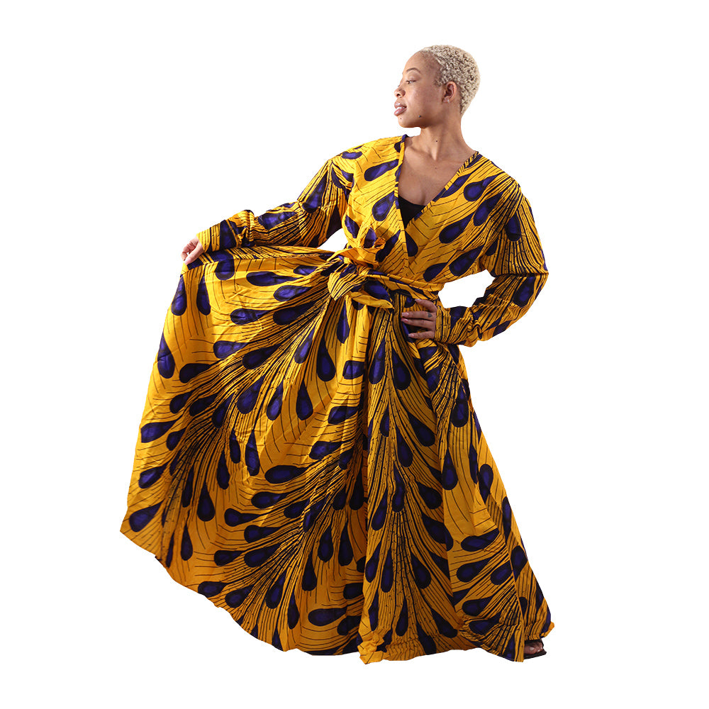 Ankara Print Elastic-waist Long Dress - Long Sleeve - Style A