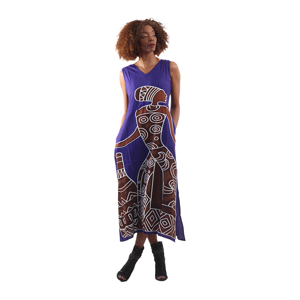 Long Sleeveless African Woman Print Cotton Dress - Royal Blue - 1X/2X