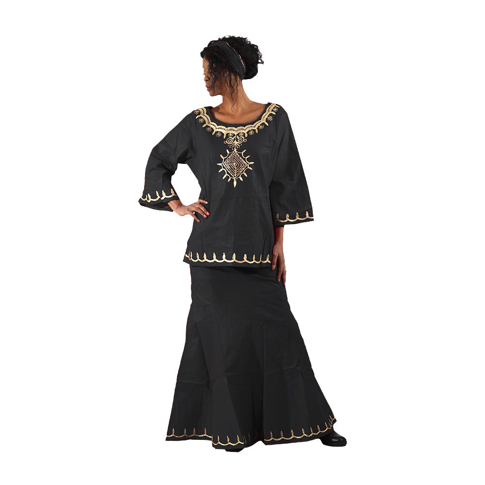 Women's Embroidered Long-sleeve Two-piece Skirt Set - Black/Gold - Size 10