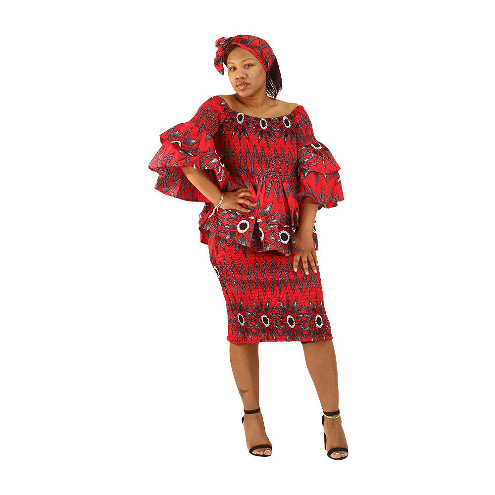 Ankara Print Stretch Double Layer Top & Skirt Set - ONE SIZE - Style A