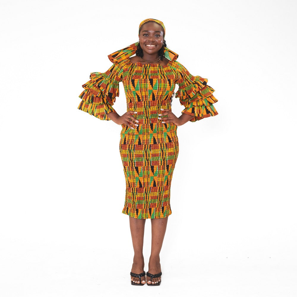 Ankara Print Smocked Frill Dress - ONE SIZE - Style A