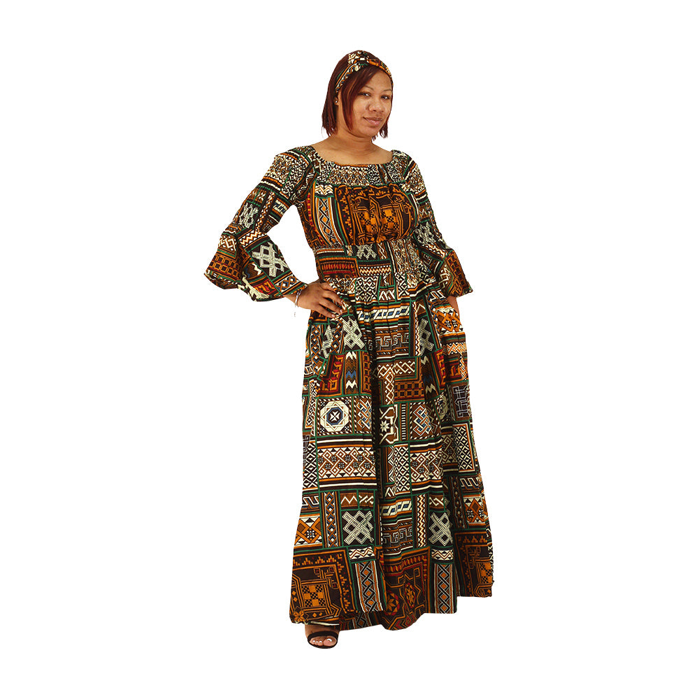 Ankara Print Long Frill-Sleeve Dress - Style A