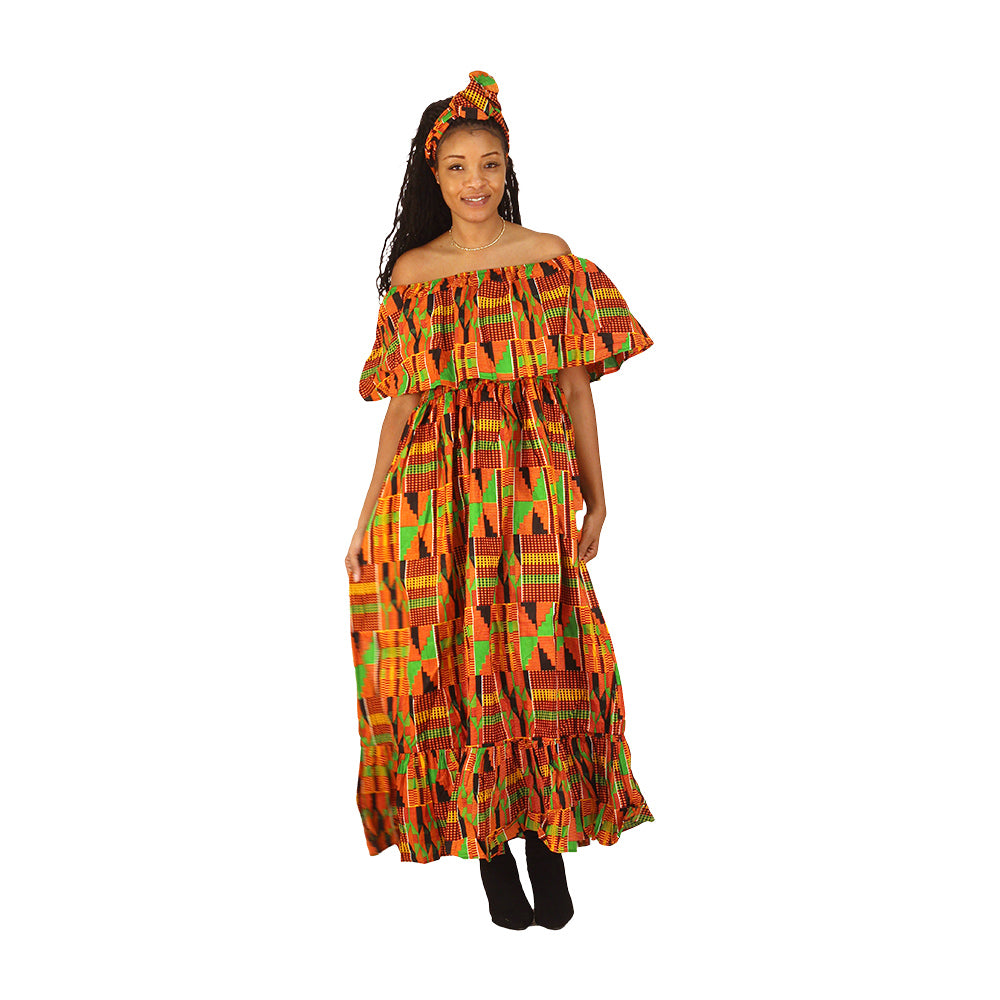 Ankara Print Front-frill Long Dress - ONE SIZE - Style A