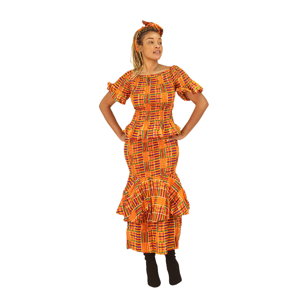 Kente Print Short Sleeve Smocked Top Dress Set - Free - #1