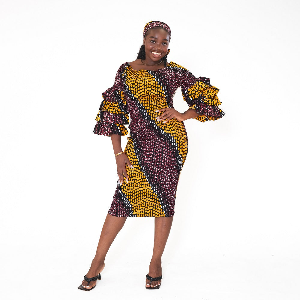 Ankara Print Smocked Frill Dress - ONE SIZE - Style A