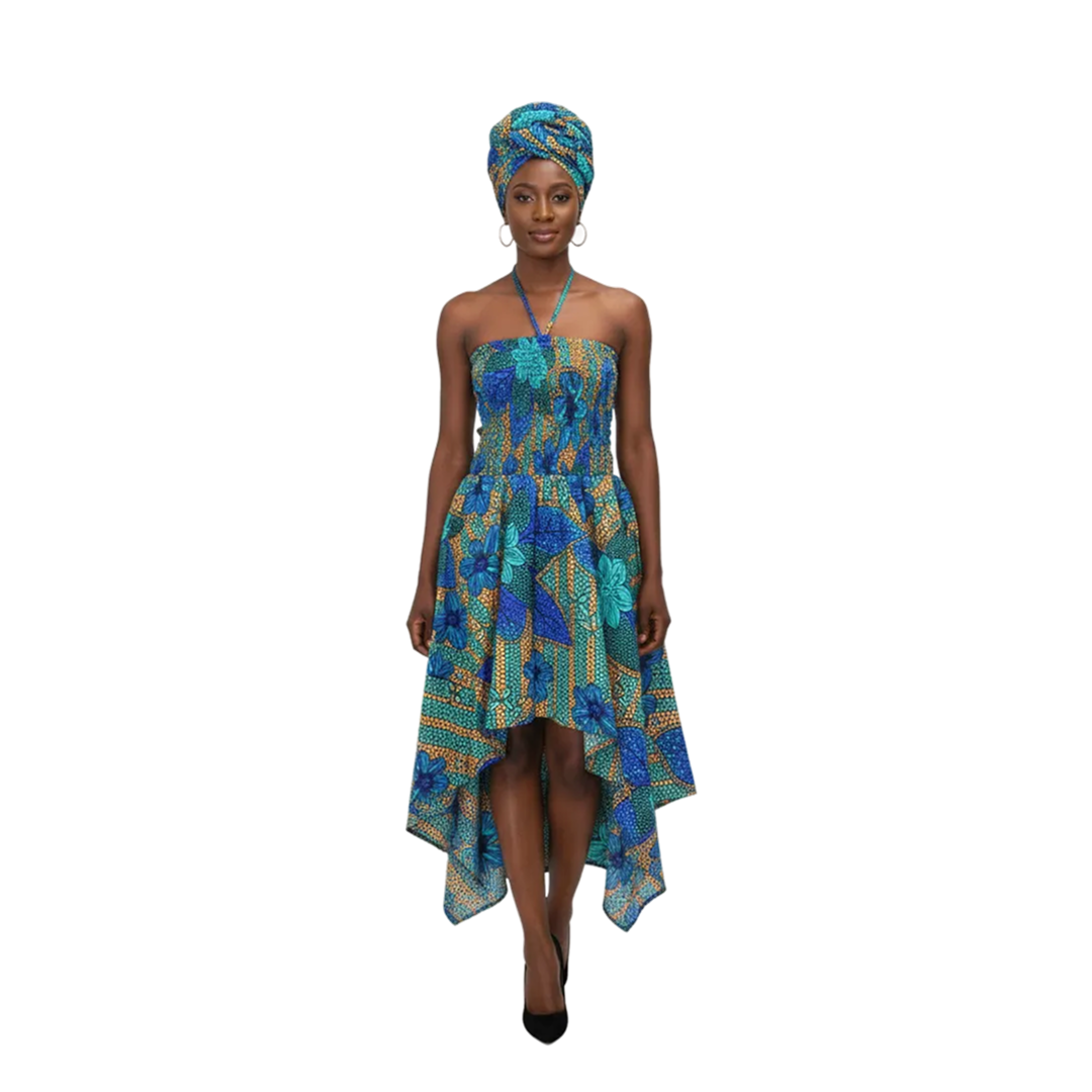 Ankara Print Halter-Top Smocked Dress - ONE SIZE - Style A