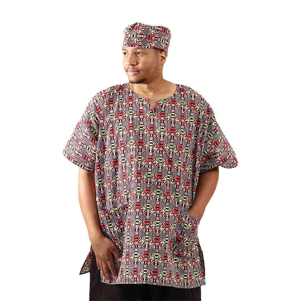 African Print Dashiki & Cap - Style A