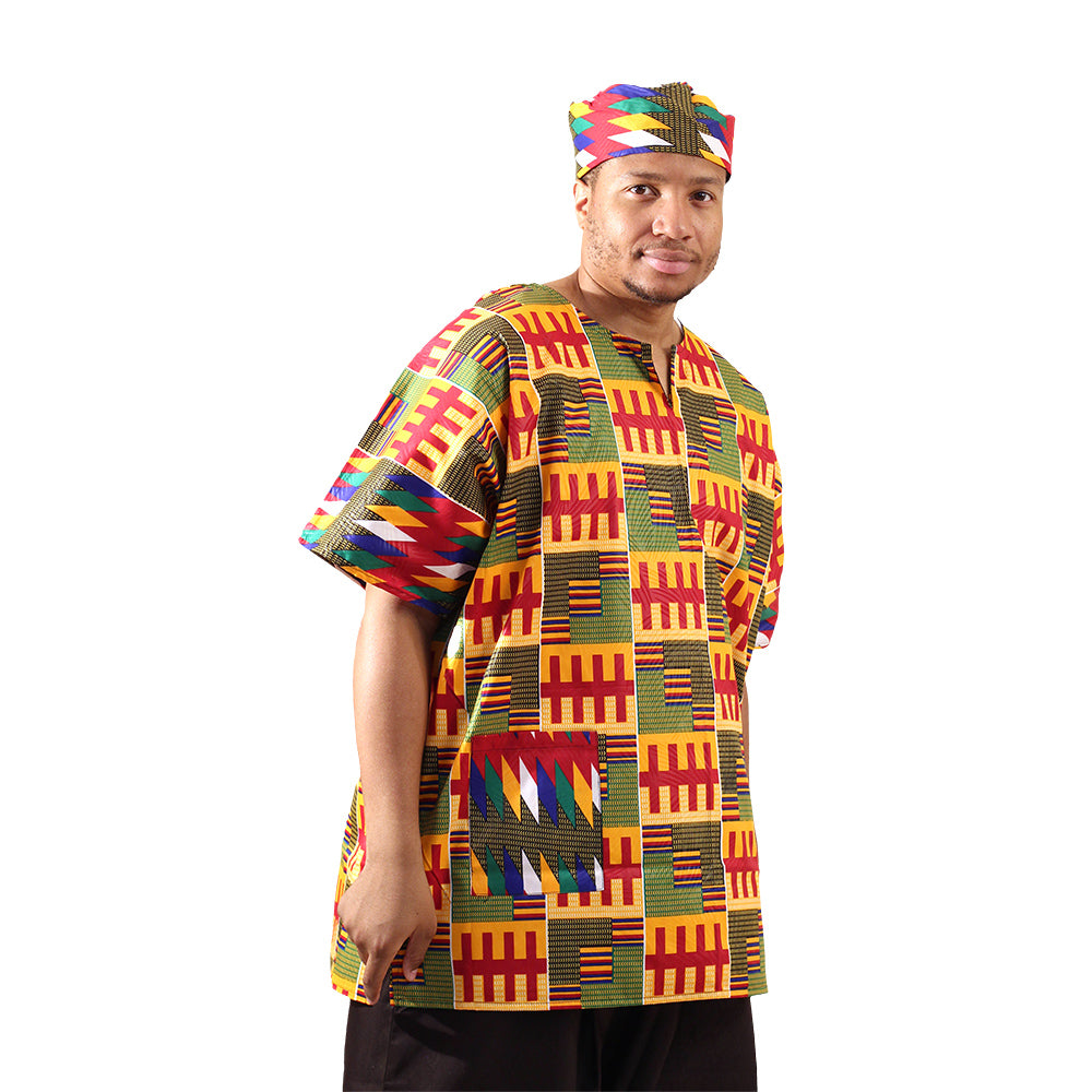 African Print Dashiki & Cap - Style A