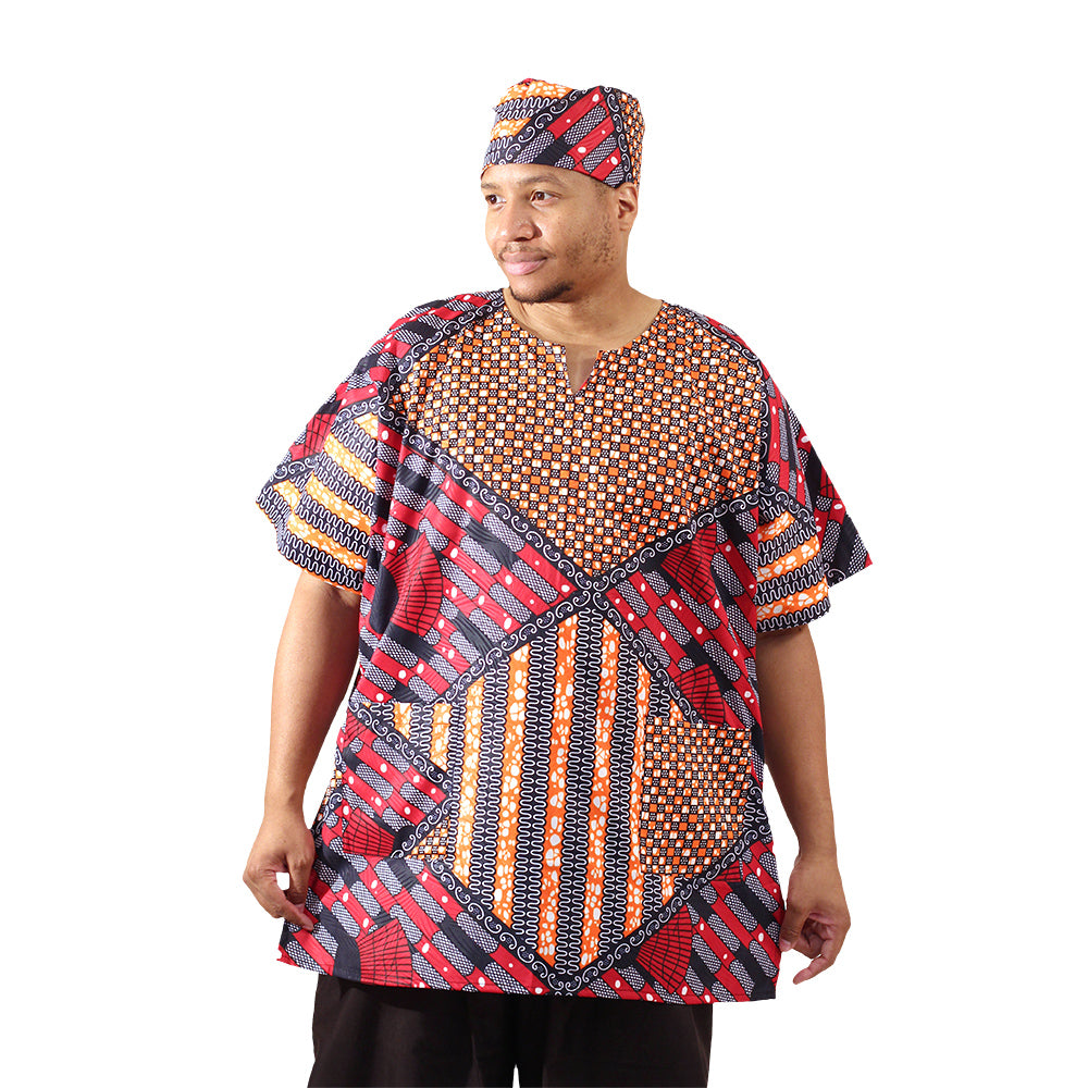 African Print Dashiki & Cap - Style A