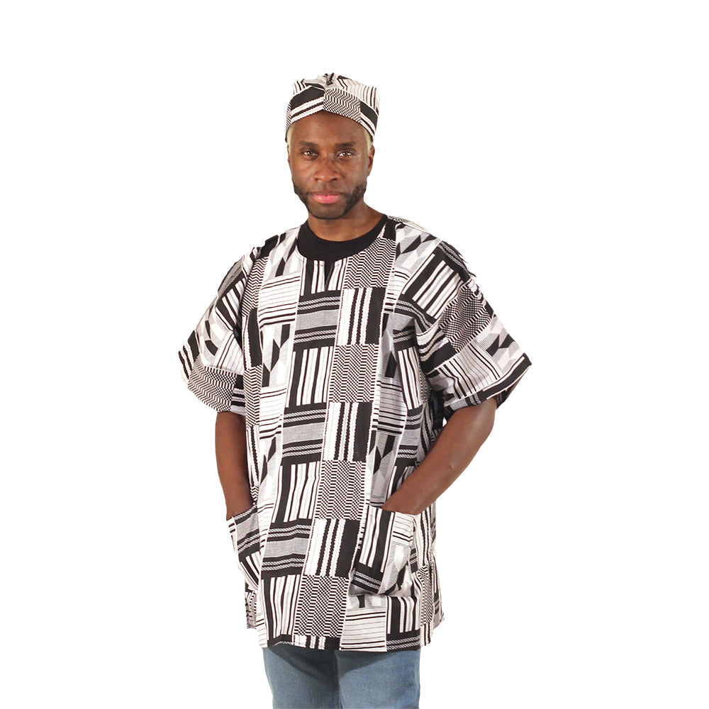 Black/White Kente Print Dashiki - Style B