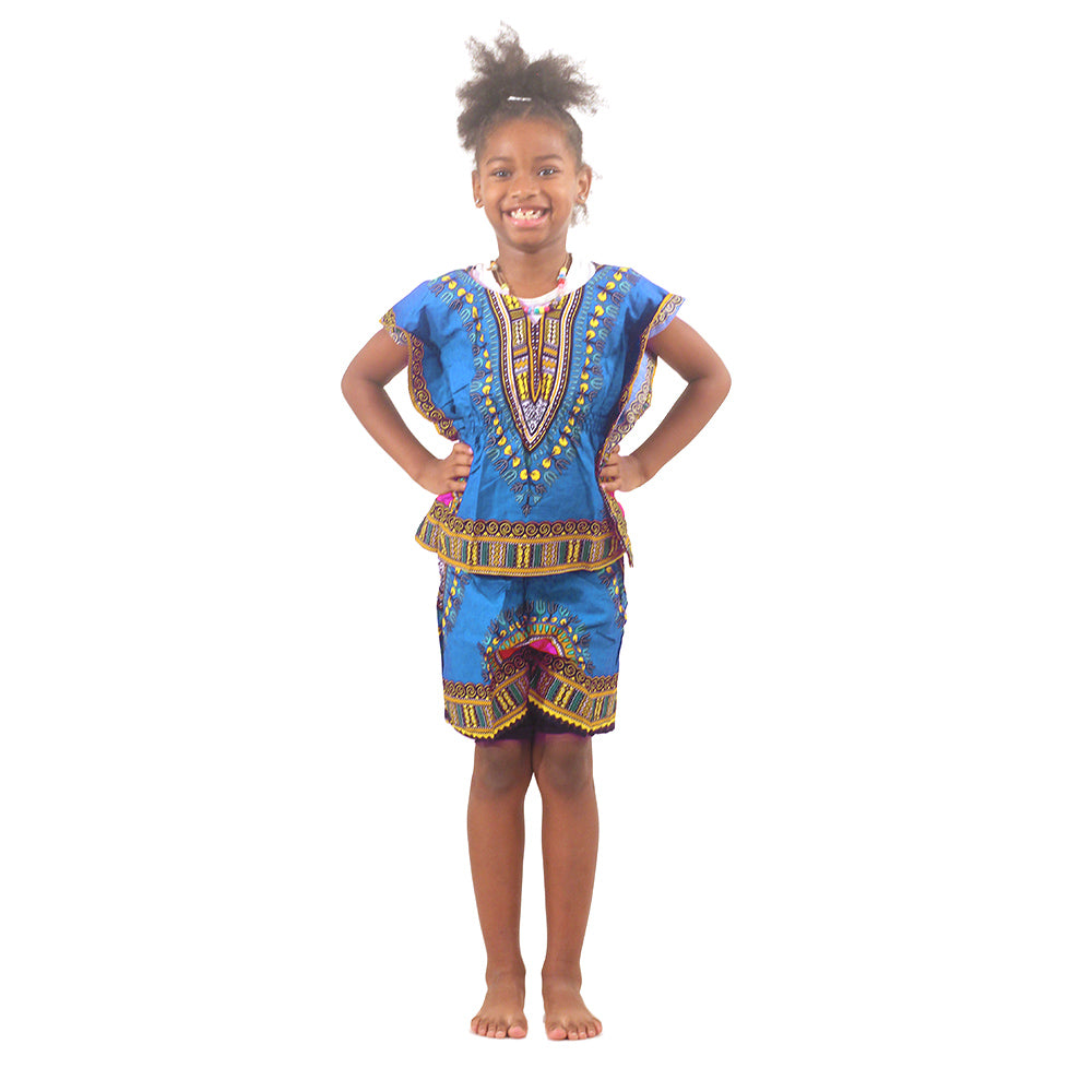 Children's Elastic Dashiki Set - Blue - Large