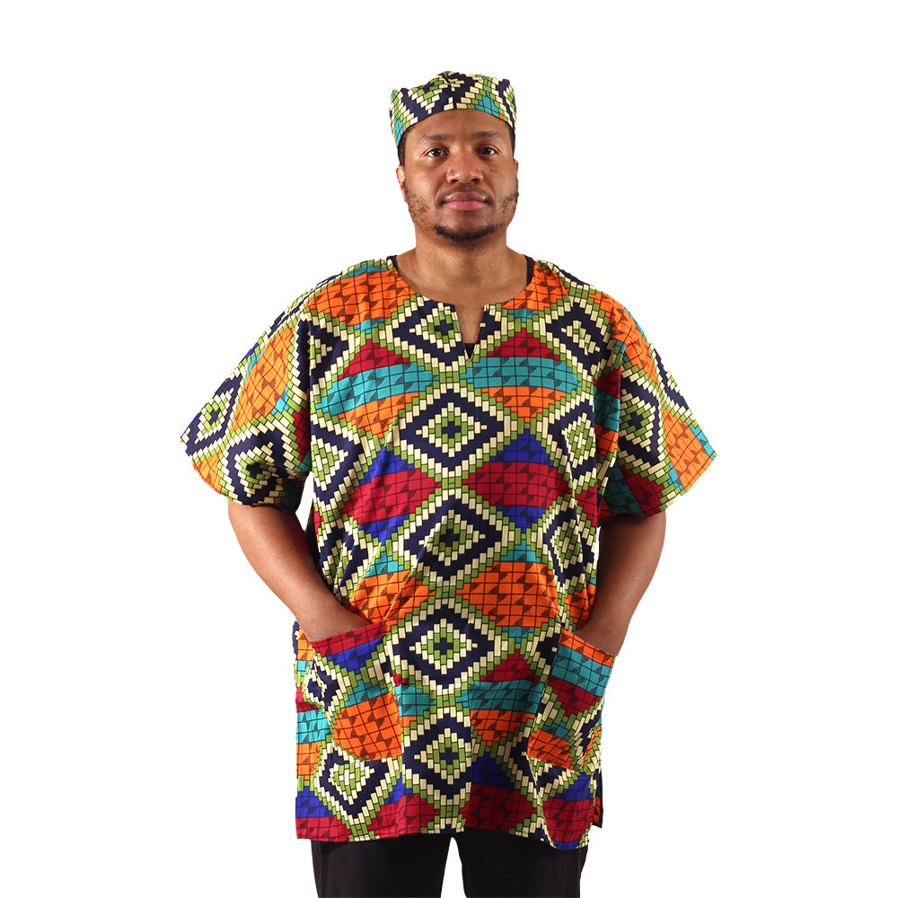 African Print Dashiki & Cap - Style A