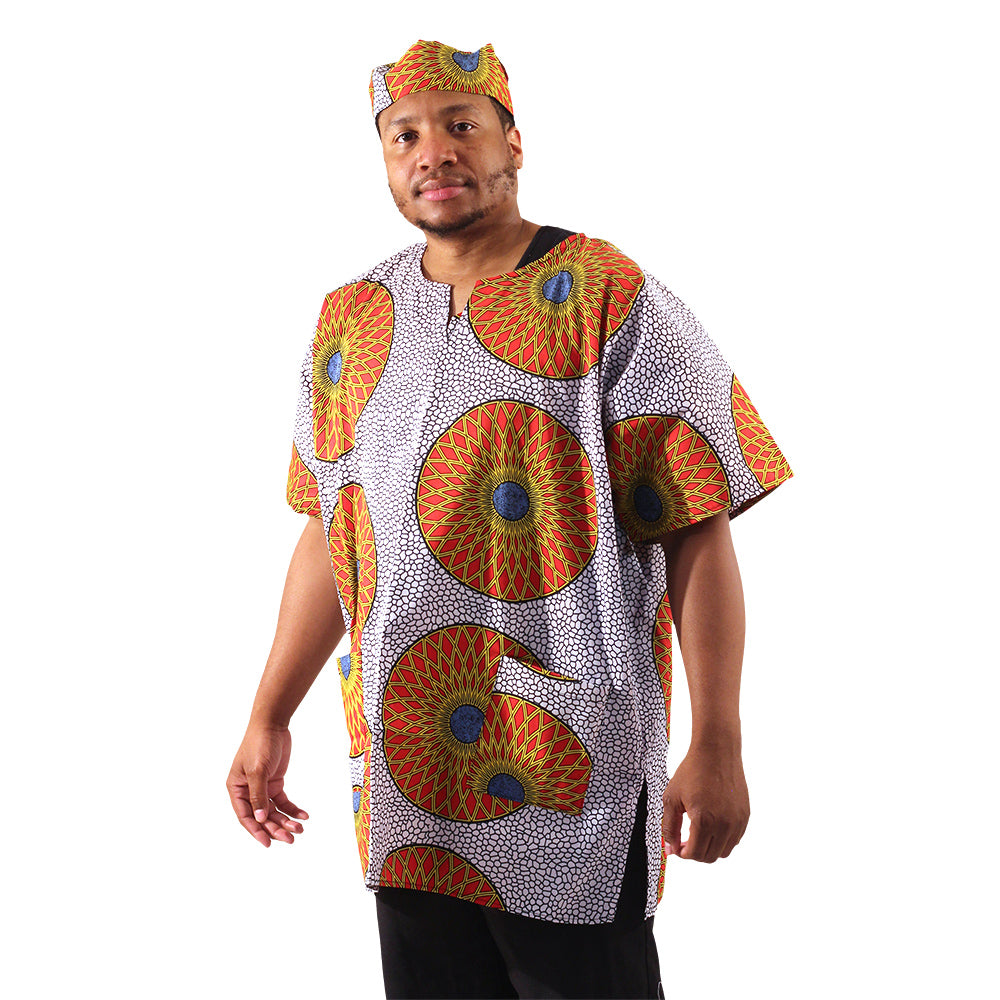 African Print Dashiki & Cap - Style A