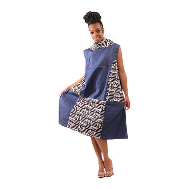 Black & White Kente/Denim Dress