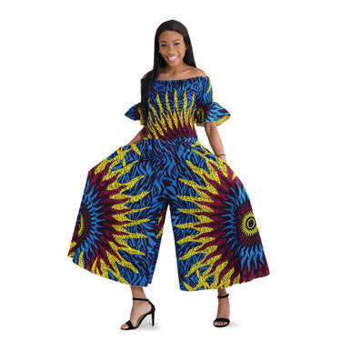 Sun Print Off-Shoulder Jumpsuit: Blu/Prp