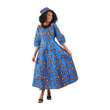 Blue Peacock Print Long Dress
