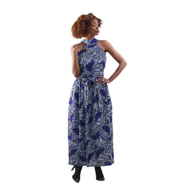 Long Zip Neck Royal Ankara Print Dress - 2X