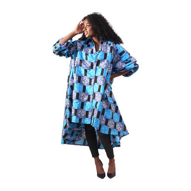 Azure Medallion Print High-Low Button Dress