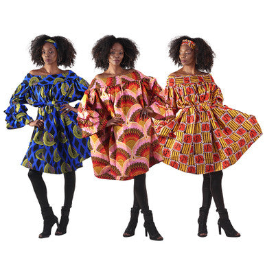 Set of 3 Ankara Print Off-Shoulder Ruffle Sleeve Dresses - ASSORTED