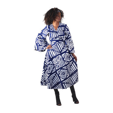 Blue/White Mud Print Wrap Dress