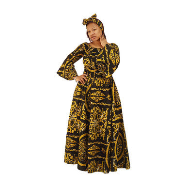 Ankara Print Long Frill-Sleeve Dress - Style A