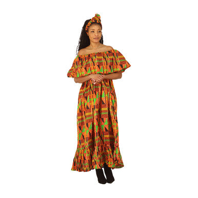 Ankara Print Front-frill Long Dress - ONE SIZE - Style A