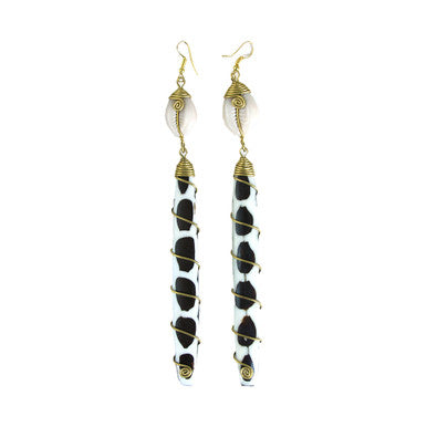 Black/White Long Bone & Brass Earring w/ Cowrie Shell