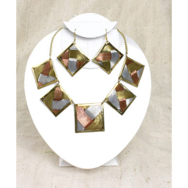 Brass Tri-Metal Necklace & Earring Set