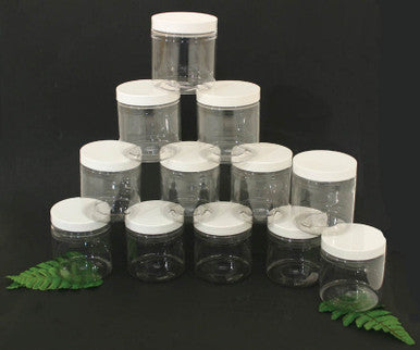 Set Of 12 Clear Plastic Jars/Caps - 8oz.